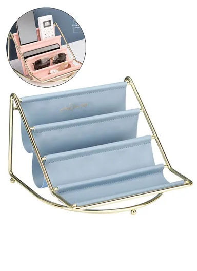 Golden Iron Storage Tray Multi-layer Desktop Organizer Cosmetic Sundries Rack (W20 x D19.5 x H14)cm- Blue