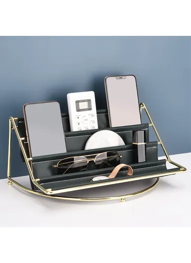 Nordic Multi-layer Desktop Organizer Multi-purpose Golden Iron Storage Tray Cosmetic Sundries Rack - Blackish Green