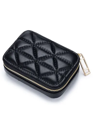 Top-Layer Cowhide Leather Travel Lipstick Storage Bag Mirror Design Zipper Makeup Bag - Black