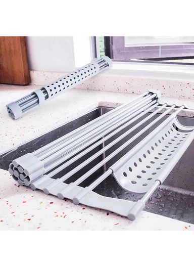 13 Rods Roll Up Dish Drying Rack Above Sink Kitchen Storage Organizer Tray Vegetables Holder - 52x32cm