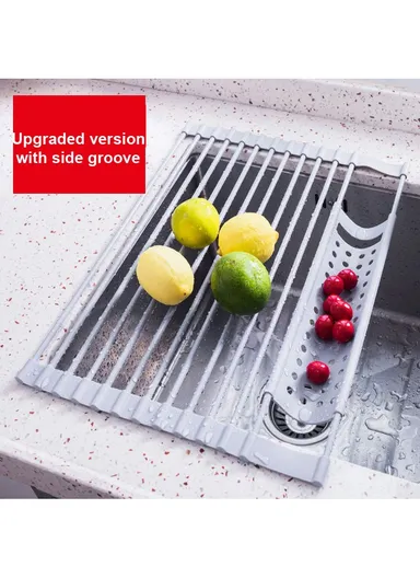 13 Rods Roll Up Dish Drying Rack Above Sink Kitchen Storage Organizer Tray Vegetables Holder - 52x32cm
