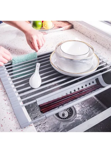 13 Rods Roll Up Dish Drying Rack Above Sink Kitchen Storage Organizer Tray Vegetables Holder - 52x32cm