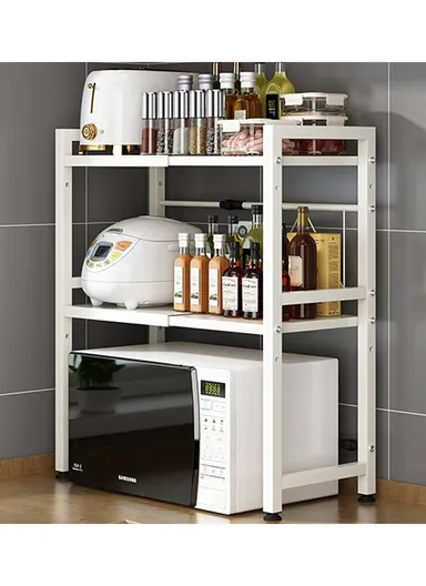 2-Tiers Carbon Steel Microwave Stand, Expandable Rack Storage Countertop (L66 x W32 x H82.5)cm - White