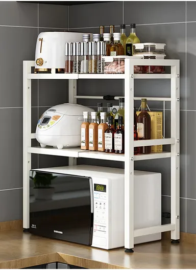 2-Tiers Carbon Steel Microwave Stand, Expandable Rack Storage Countertop (L66 x W32 x H82.5)cm - White