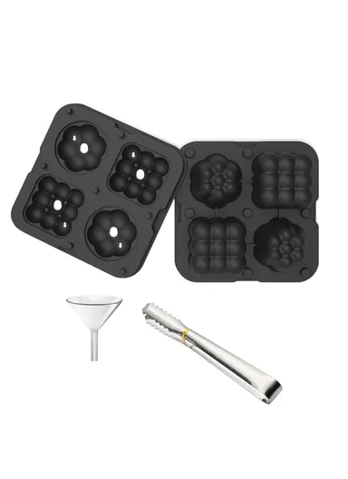 2-in-1 Ice Cube Tray Reusable Silicone Ice Making Mold With Funnel + Ice Clamp (W12 x H4.4)cm - Black