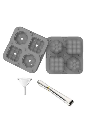 2-in-1 Ice Cube Tray Reusable Silicone Ice Making Mold With Funnel + Ice Clamp (W12 x H4.4)cm - Grey