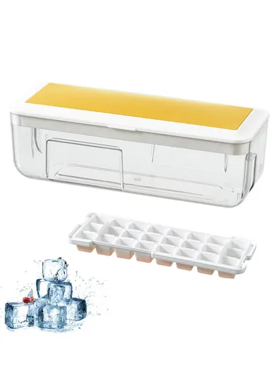 Food-Grade Silicone Ice Cube Tray with Lid Easy Release Flexible Ice Cube Mold Box (L27 x W10.5 x H9.5)cm - Yellow/Single Layer