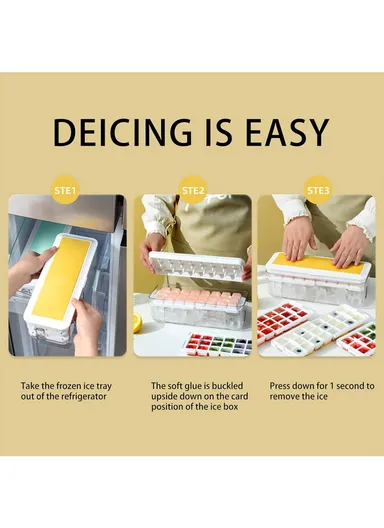 Food-Grade Silicone Ice Cube Tray with Lid Easy Release Flexible Ice Cube Mold Box (L27 x W10.5 x H9.5)cm - Yellow/Single Layer