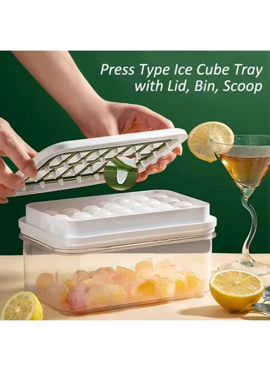 Double Layer Ice Cube Maker Mold Box Kitchen Press Ice Tray With Lid (L22 x W13.5 x H13.5)cm - Pink