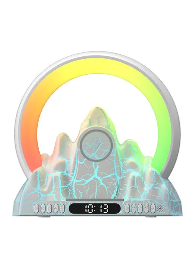 Tuya Smart Flame Mountain Shaped Ambient Light with 15W Wireless Charging, Bluetooth Speaker - White