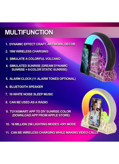 Tuya Smart Flame Mountain Shaped Ambient Light with 15W Wireless Charging, Bluetooth Speaker - White