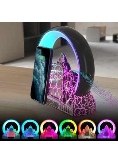 Tuya Smart Flame Mountain Shaped Ambient Light with 15W Wireless Charging, Bluetooth Speaker - White