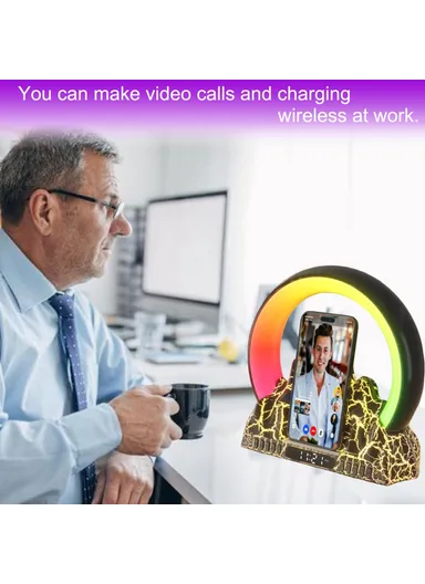 Tuya Smart Flame Mountain Shaped Ambient Light with 15W Wireless Charging, Bluetooth Speaker - White