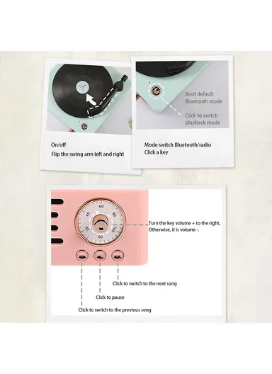 Desktop Wireless Speaker Retro Vinyl Record Design Bluetooth Speaker T15 - Classic Pink