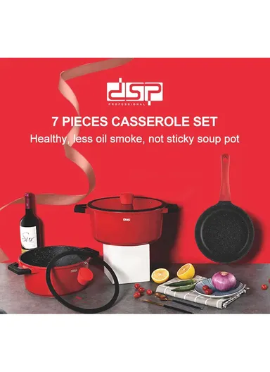 7Pcs 20/24/28cm Nonstick Toughened Casserole Multi-Cookware Set + 28cm Frypan CA002-S02- Red