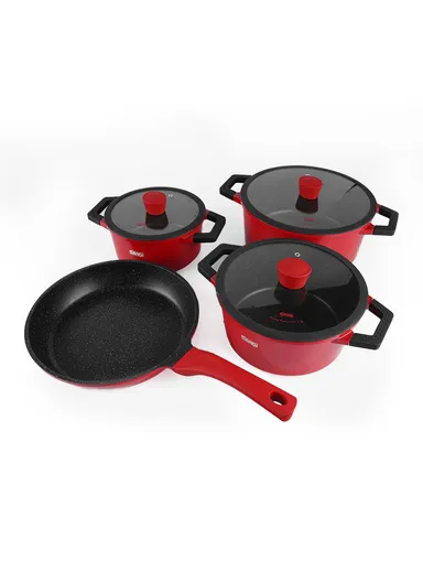 7Pcs 20/24/28cm Nonstick Toughened Casserole Multi-Cookware Set + 28cm Frypan CA002-S02- Red