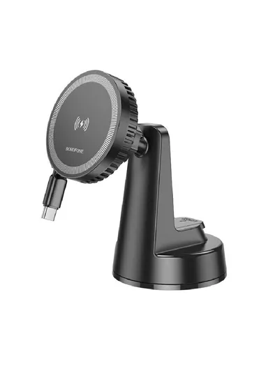 ABS &amp; Silicone In-Car Holder Mona Magnetic With Induction Charging &amp; Type C Cable To Air Vent BH208 (L10.5 x W6 x H8.5)cm - Black