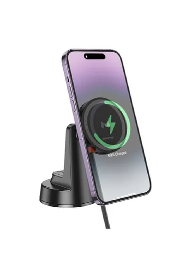 ABS &amp; Silicone In-Car Holder Mona Magnetic With Induction Charging &amp; Type C Cable To Air Vent BH208 (L10.5 x W6 x H8.5)cm - Black