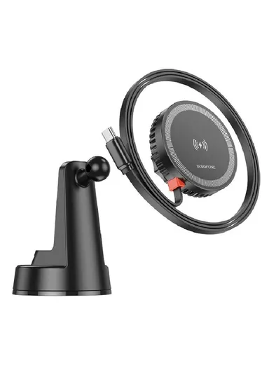 ABS &amp; Silicone In-Car Holder Mona Magnetic With Induction Charging &amp; Type C Cable To Air Vent BH208 (L10.5 x W6 x H8.5)cm - Black