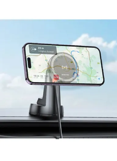 ABS &amp; Silicone In-Car Holder Mona Magnetic With Induction Charging &amp; Type C Cable To Air Vent BH208 (L10.5 x W6 x H8.5)cm - Black