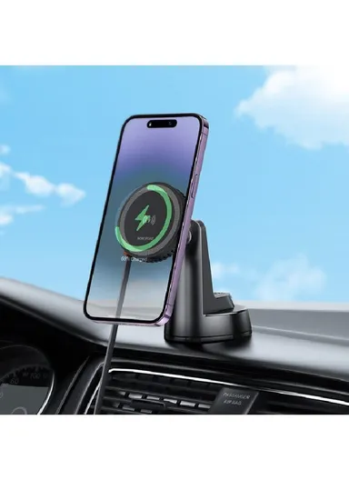 ABS &amp; Silicone In-Car Holder Mona Magnetic With Induction Charging &amp; Type C Cable To Air Vent BH208 (L10.5 x W6 x H8.5)cm - Black