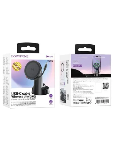 ABS &amp; Silicone In-Car Holder Mona Magnetic With Induction Charging &amp; Type C Cable To Air Vent BH208 (L10.5 x W6 x H8.5)cm - Black