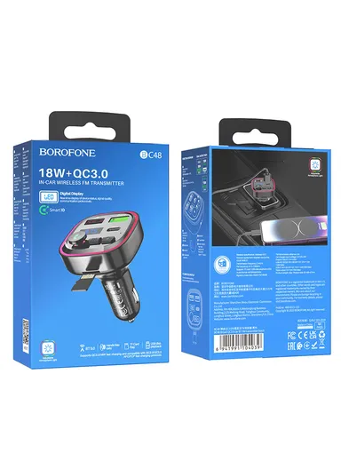 18W Transmitter FM Broad MP3, Bluetooth - 2XUSB + TYPE C - QC 3.0 BC48 (L4.7 x W5.8 x H8.2)cm - Black