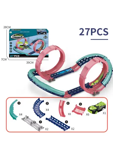 Flexible Rolling Race Rail Car Track Toy With 2 Hoops &amp; A Battery-Powered Car 6688-506 (L63 x W45 x H26)cm - Green