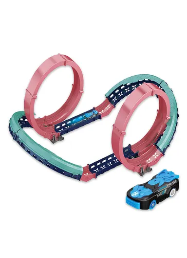 Flexible Rolling Race Rail Car Track Toy With 2 Hoops &amp; A Battery-Powered Car 6688-506 (L63 x W45 x H26)cm - Blue