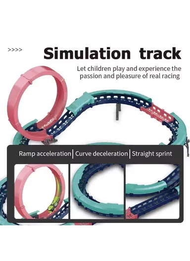 Flexible Rolling Race Rail Car Track Toy With 2 Hoops &amp; A Battery-Powered Car 6688-506 (L63 x W45 x H26)cm - Blue