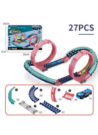 Flexible Rolling Race Rail Car Track Toy With 2 Hoops &amp; A Battery-Powered Car 6688-506 (L63 x W45 x H26)cm - Blue
