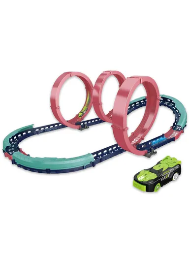 Flexible Rolling Race Rail Car Track Toy With 3 Hoops &amp; A Battery-Powered Car (L77 x W51 x H26)cm - Green