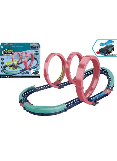 Flexible Rolling Race Rail Car Track Toy With 3 Hoops &amp; A Battery-Powered Car (L77 x W51 x H26)cm - Green