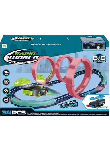 Flexible Rolling Race Rail Car Track Toy With 3 Hoops &amp; A Battery-Powered Car (L77 x W51 x H26)cm - Green