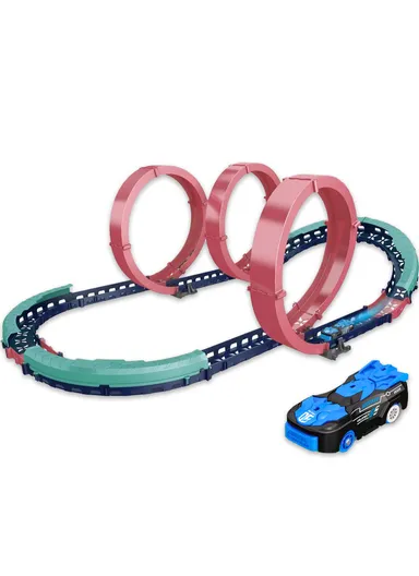 Flexible Rolling Race Rail Car Track Toy With 3 Hoops &amp; A Battery-Powered Car 6688-507 (L77 x W51 x H26)cm - Blue