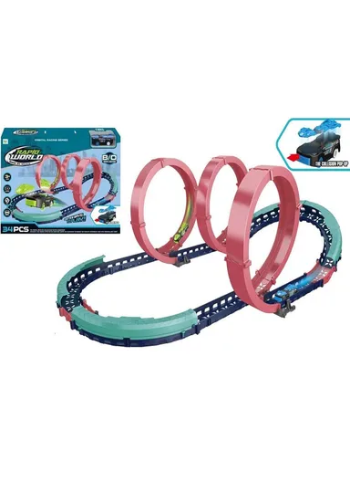 Flexible Rolling Race Rail Car Track Toy With 3 Hoops &amp; A Battery-Powered Car 6688-507 (L77 x W51 x H26)cm - Blue