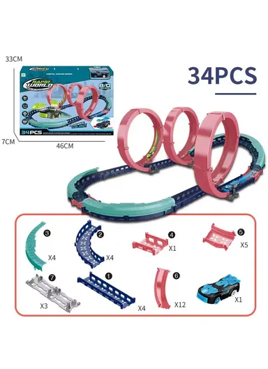 Flexible Rolling Race Rail Car Track Toy With 3 Hoops &amp; A Battery-Powered Car 6688-507 (L77 x W51 x H26)cm - Blue