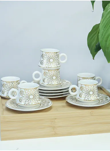 90ml 6 Pcs Ceramic Elegant Coffee Cups With 6 Saucers Set - White / Gold