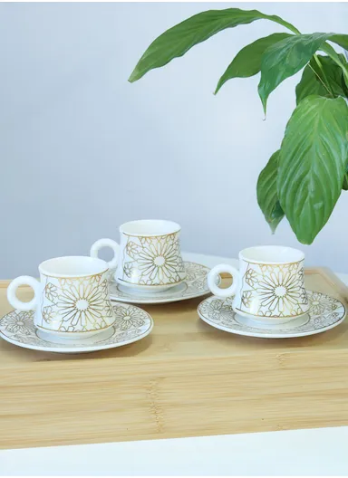 90ml 6 Pcs Ceramic Elegant Coffee Cups With 6 Saucers Set - White / Gold
