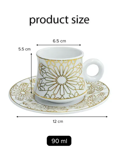 90ml 6 Pcs Ceramic Elegant Coffee Cups With 6 Saucers Set - White / Gold