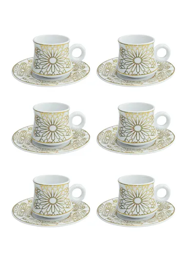 90ml 6 Pcs Ceramic Elegant Coffee Cups With 6 Saucers Set - White / Gold