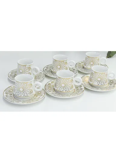 90ml 6 Pcs Ceramic Elegant Coffee Cups With 6 Saucers Set - White / Gold