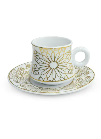 90ml 6 Pcs Ceramic Elegant Coffee Cups With 6 Saucers Set - White / Gold
