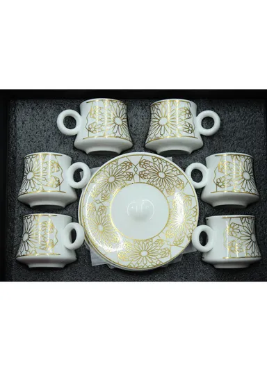 90ml 6 Pcs Ceramic Elegant Coffee Cups With 6 Saucers Set - White / Gold