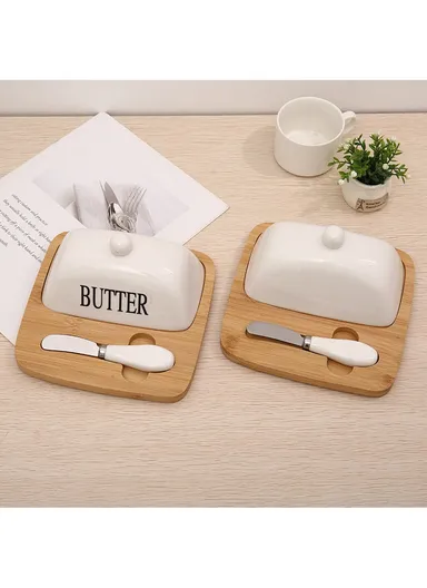 Elegant Glass &amp; Wood Butter Keeper for Organization (L18.5 x W18.5 x H9)cm - Black