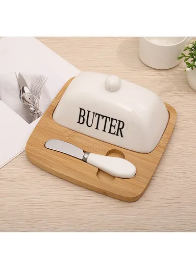 Elegant Glass &amp; Wood Butter Keeper for Organization (L18.5 x W18.5 x H9)cm - Black