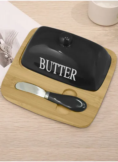 Elegant Glass &amp; Wood Butter Keeper for Organization (L18.5 x W18.5 x H9)cm - Black