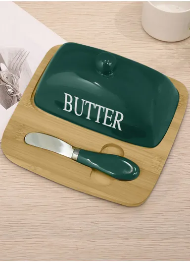 Elegant Glass &amp; Wood Butter Keeper for Organization (L18.5 x W18.5 x H9)cm - Dark Green