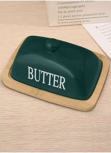 Wooden Butter Keeper With Ceramic Lid for Countertop (W18 x D11 x H9)cm - Dark Green