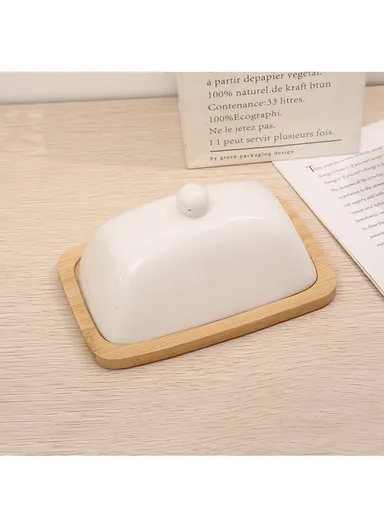 Wooden Butter Keeper With Ceramic Lid for Countertop (W18 x D11 x H9)cm - Dark Green